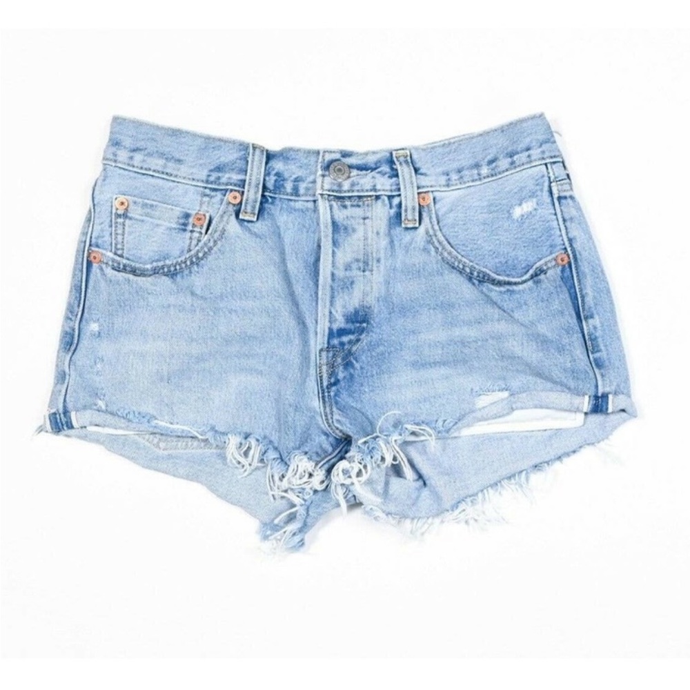 Levi’s 501 Light Blue Wash Raw Rolled Hem denim shorts
